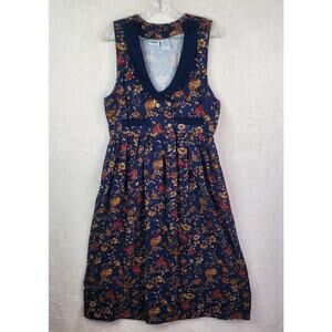 VTG 90's Capacity Jumper Dress Small Navy Blue Red Floral Midi Corduroy V Neck